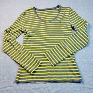 Tommy Hilfiger V Neck Long Sleeve Woman's T-shirt Yellow Gray Stripe Size Medium
